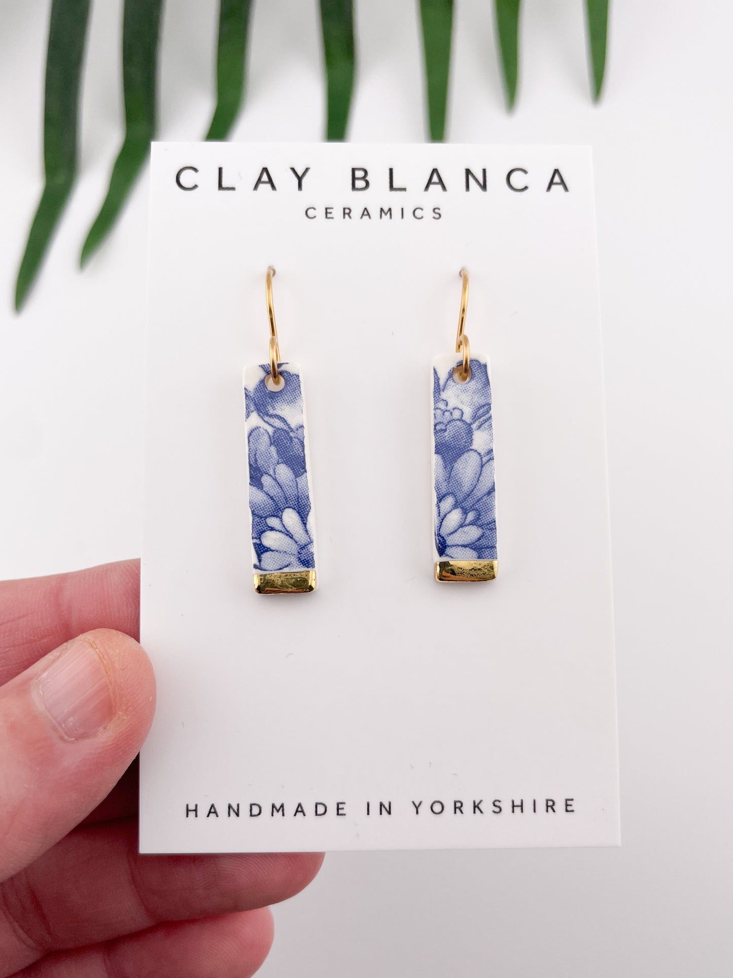 Vintage china - slim blue rectangle dangles with gold tips