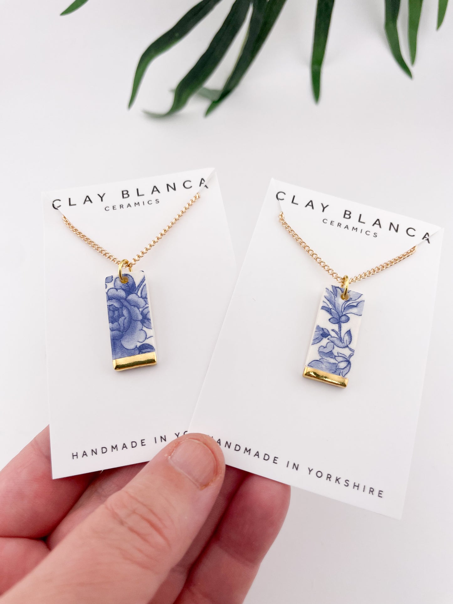 Vintage china - blue large rectangle necklace with gold tips