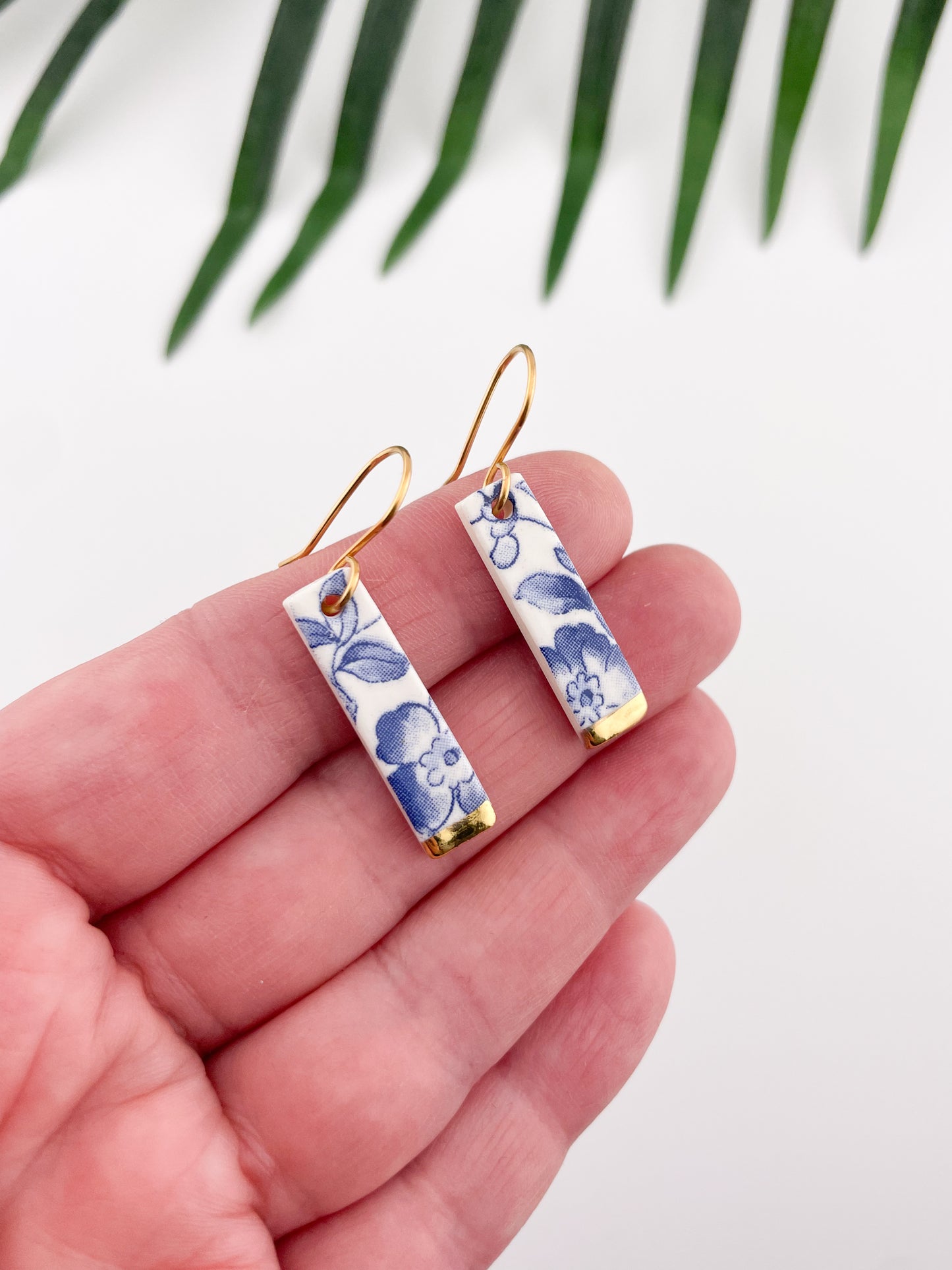 Vintage china - slim blue rectangle dangles with gold tips