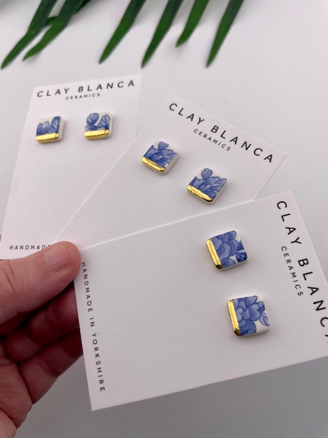 Vintage china - blue square studs with gold tips