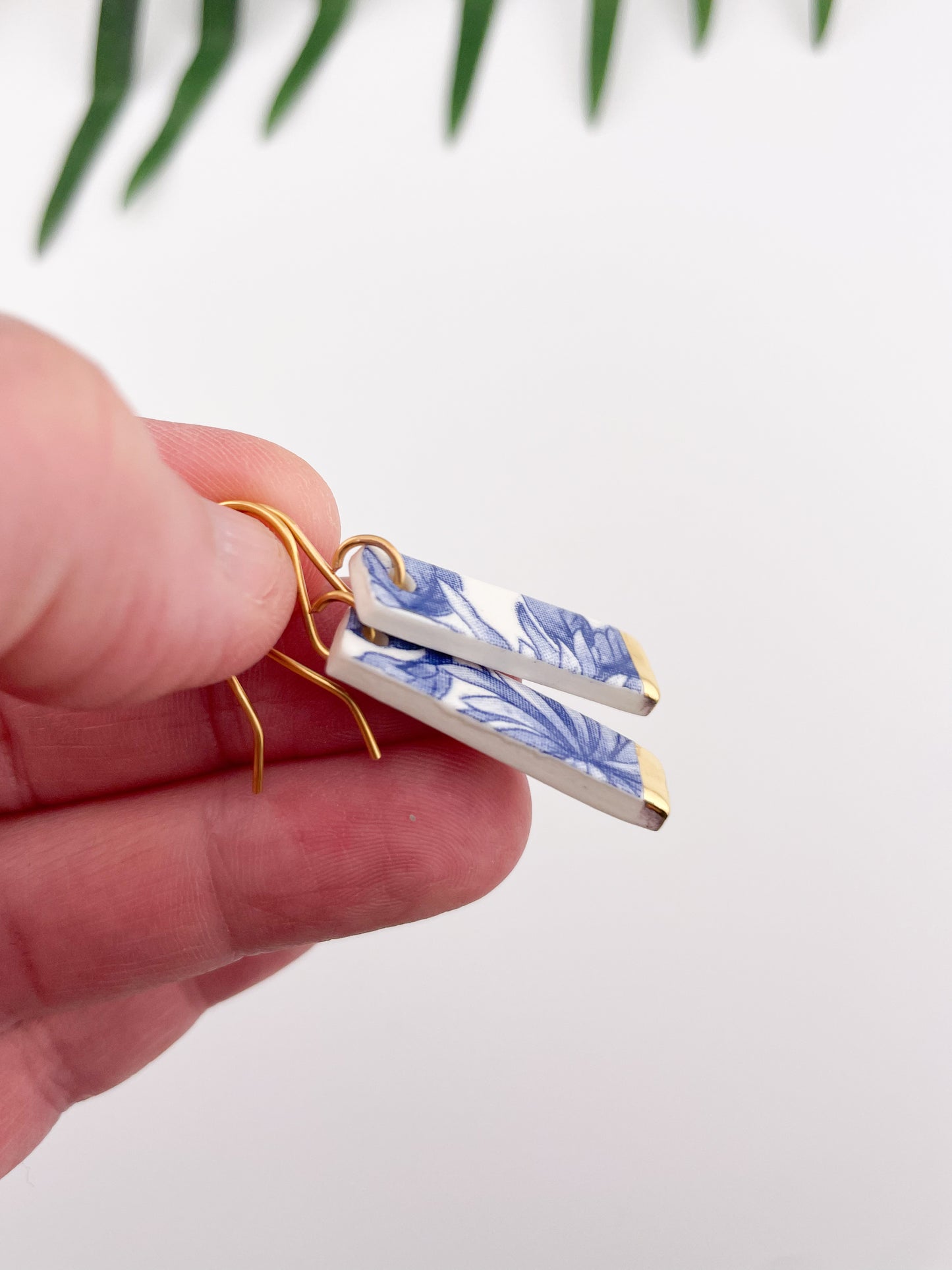 Vintage china - slim blue rectangle dangles with gold tips