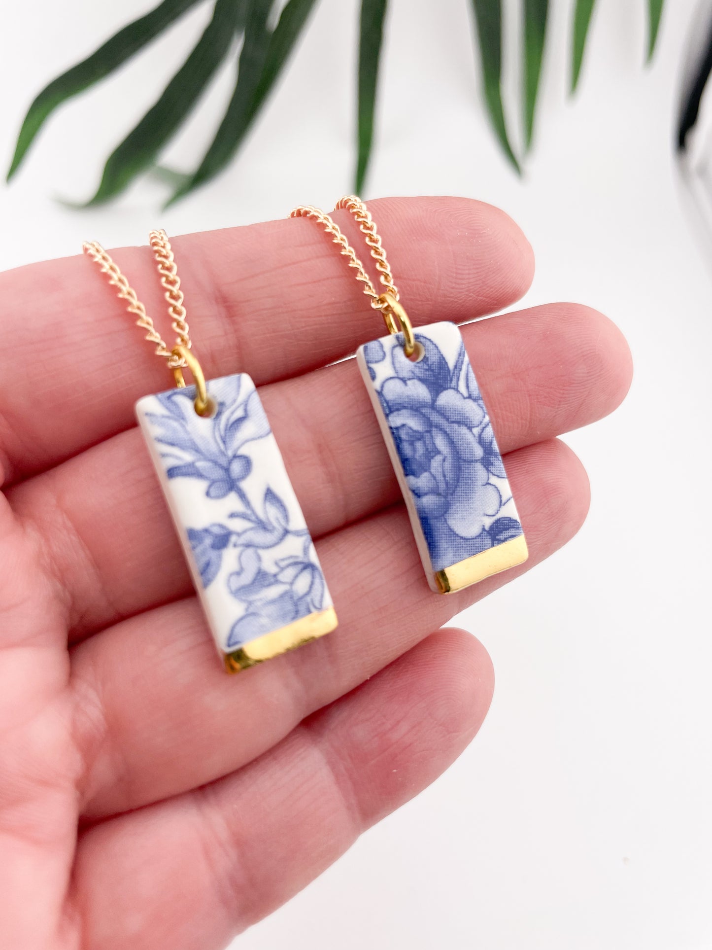 Vintage china - blue large rectangle necklace with gold tips