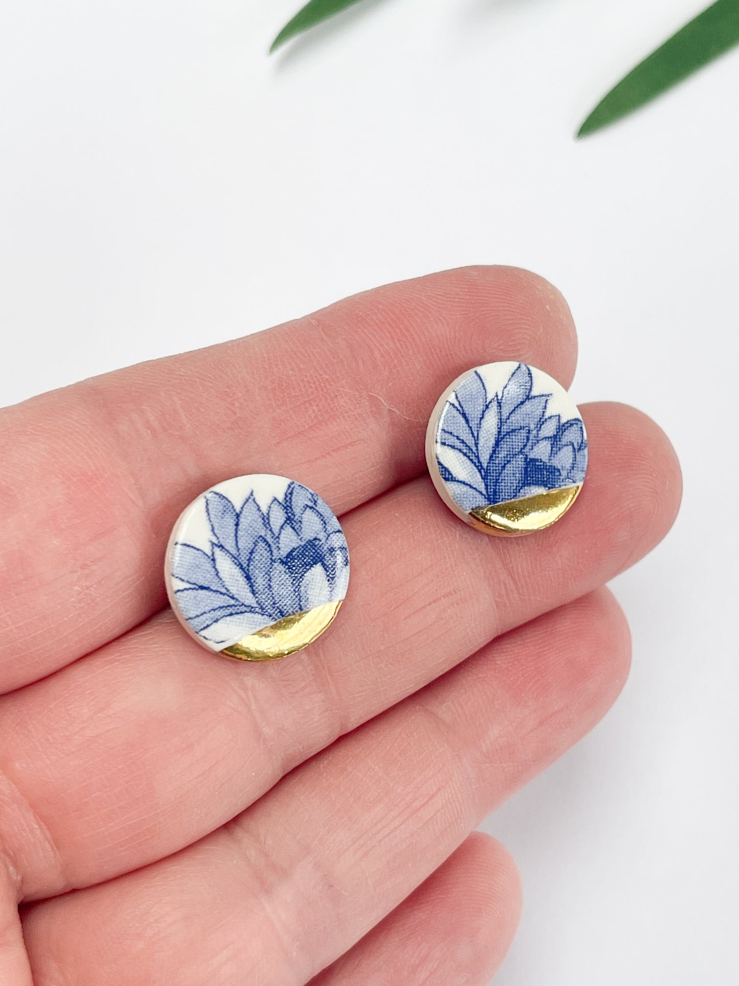 Vintage china - blue round studs with gold tips