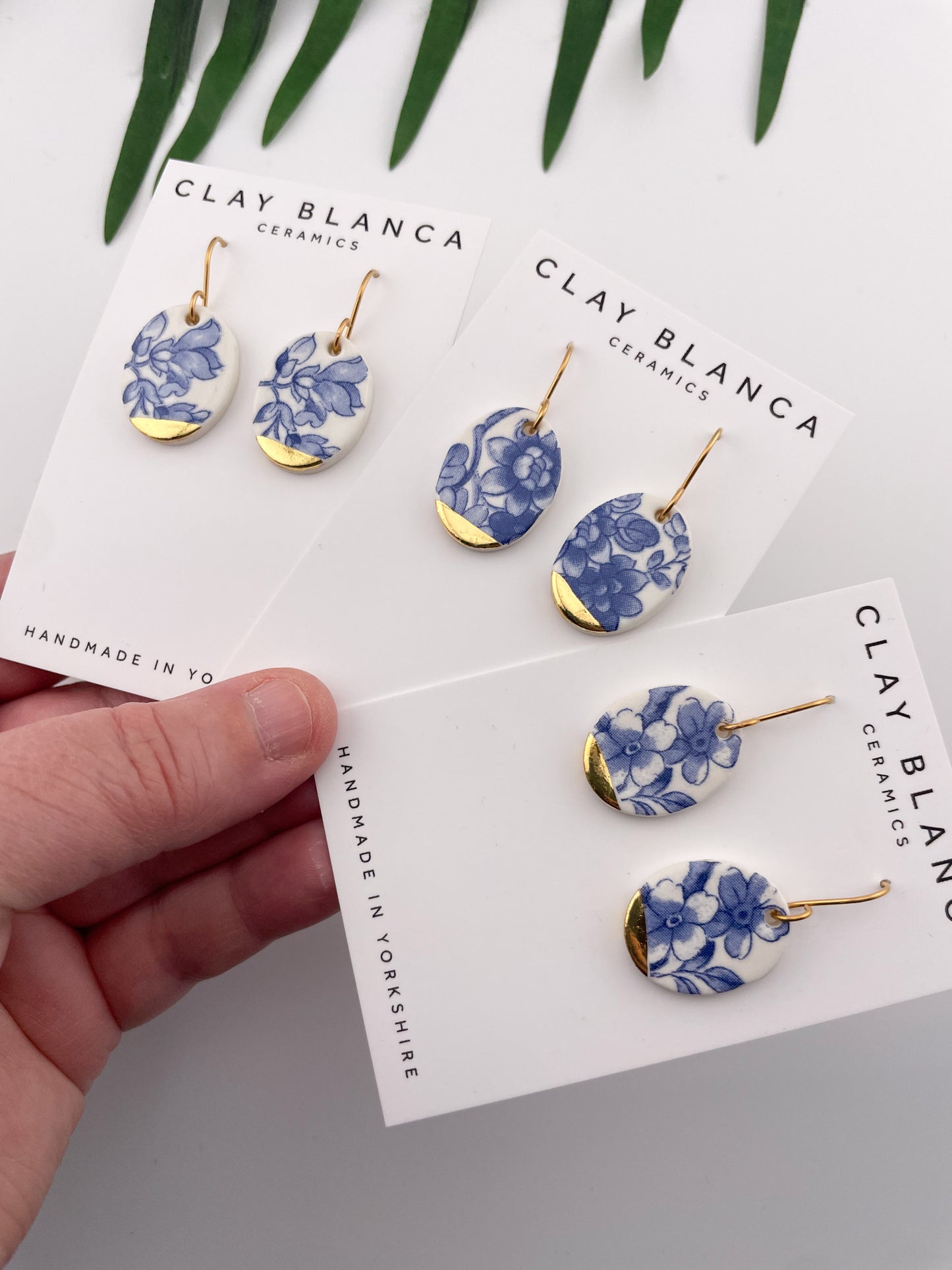 Vintage china - blue oval dangles with gold tips