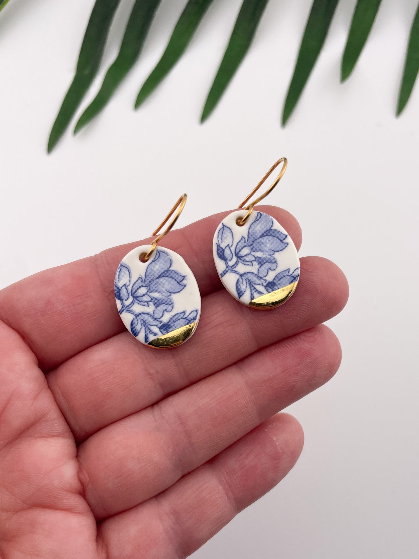 Vintage china - blue oval dangles with gold tips