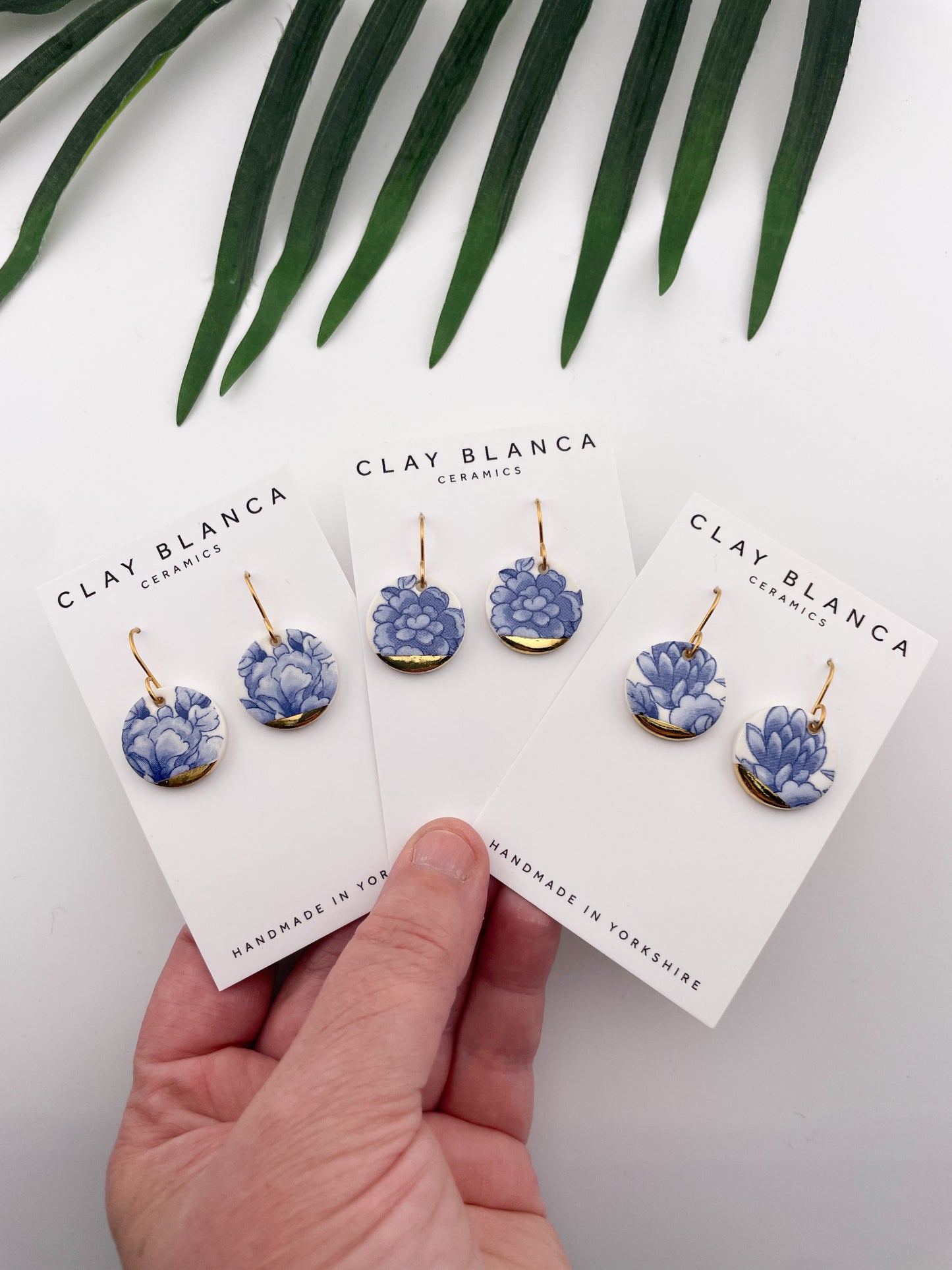 Vintage china - blue round dangles with gold tips