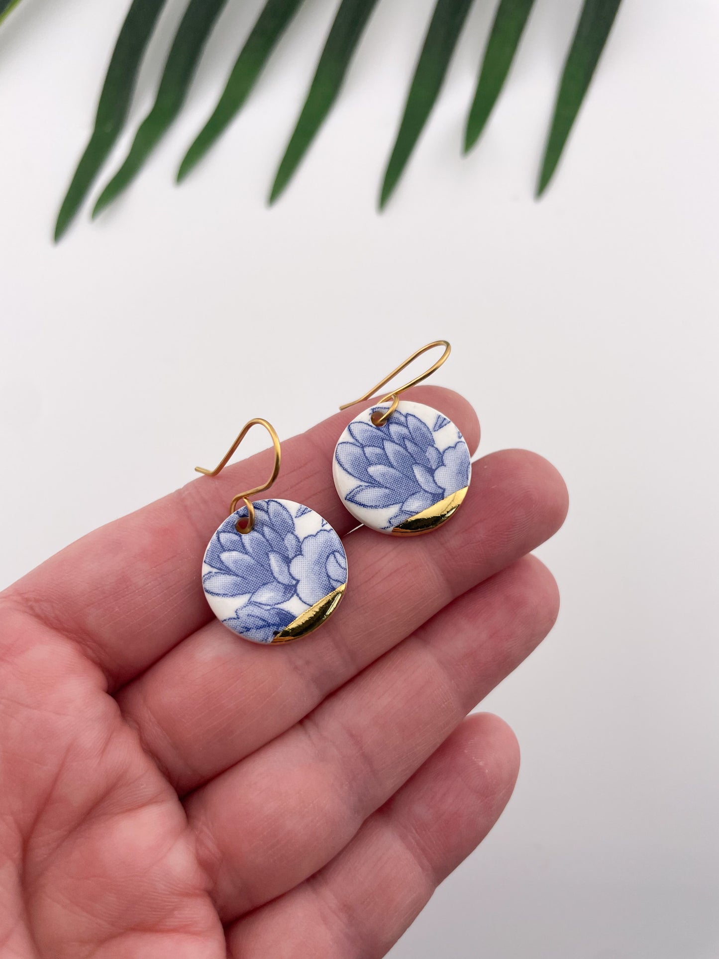 Vintage china - blue round dangles with gold tips