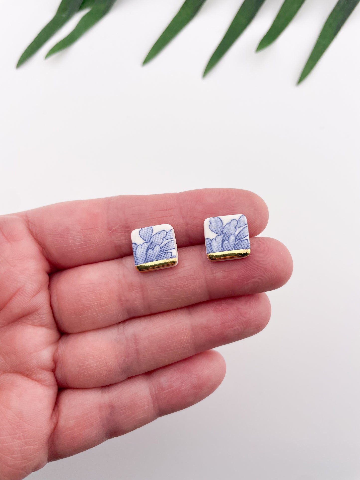 Vintage china - blue square studs with gold tips