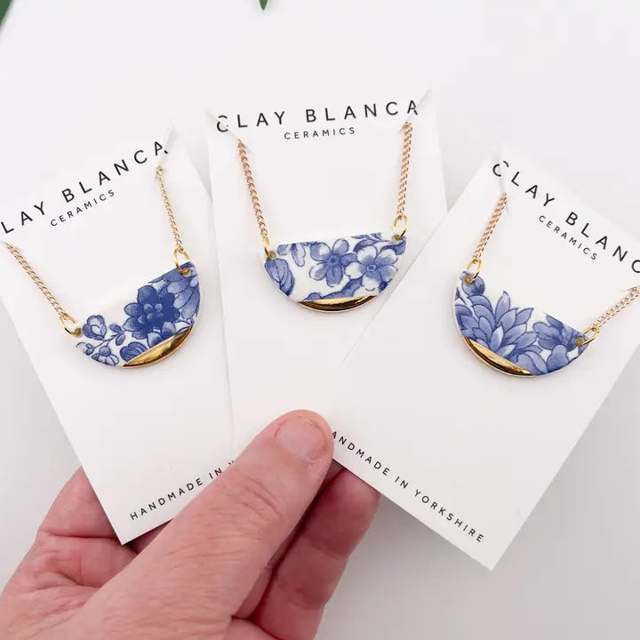 Blue China Semi Circle Pendant necklace with gold tip