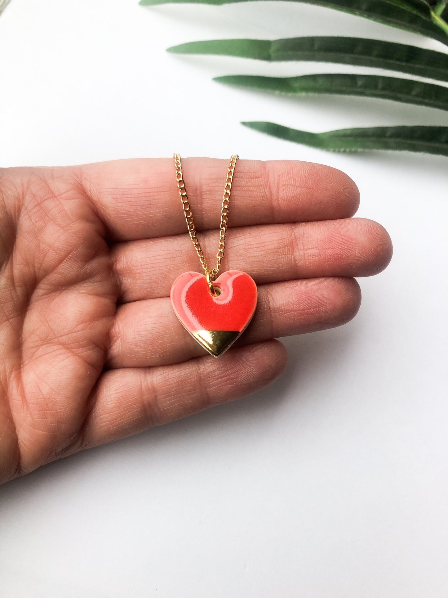 Strawberry Red large heart necklace with gold tip