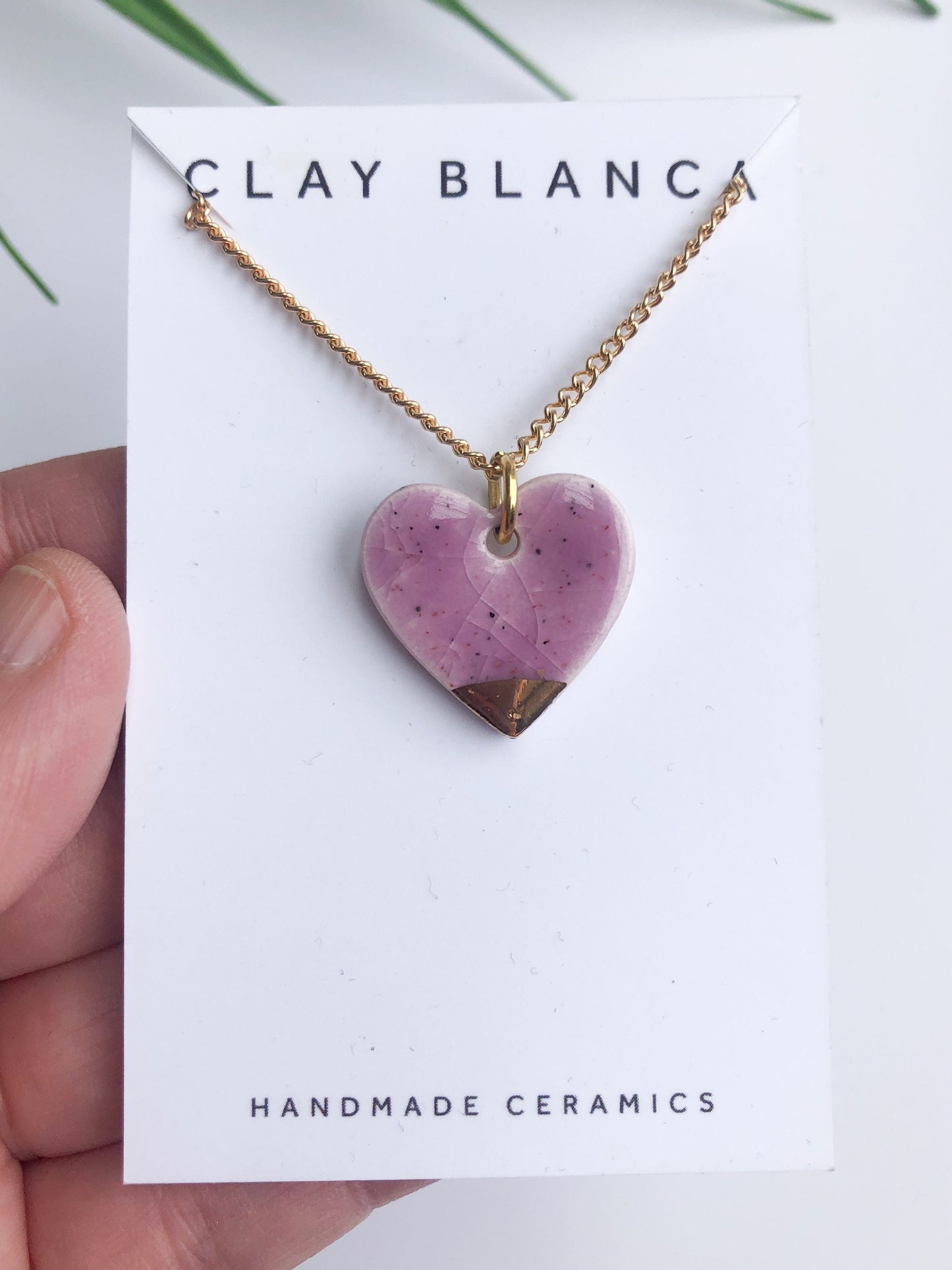 Speckled Lilac large heart necklace with gold tip
