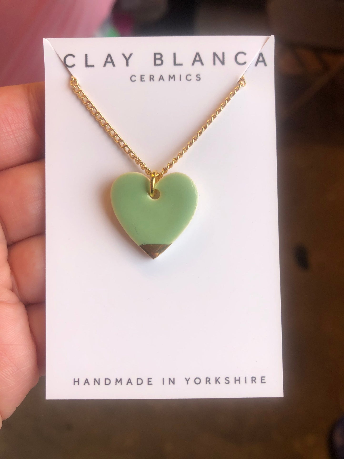 Light Green large heart necklace with gold tip