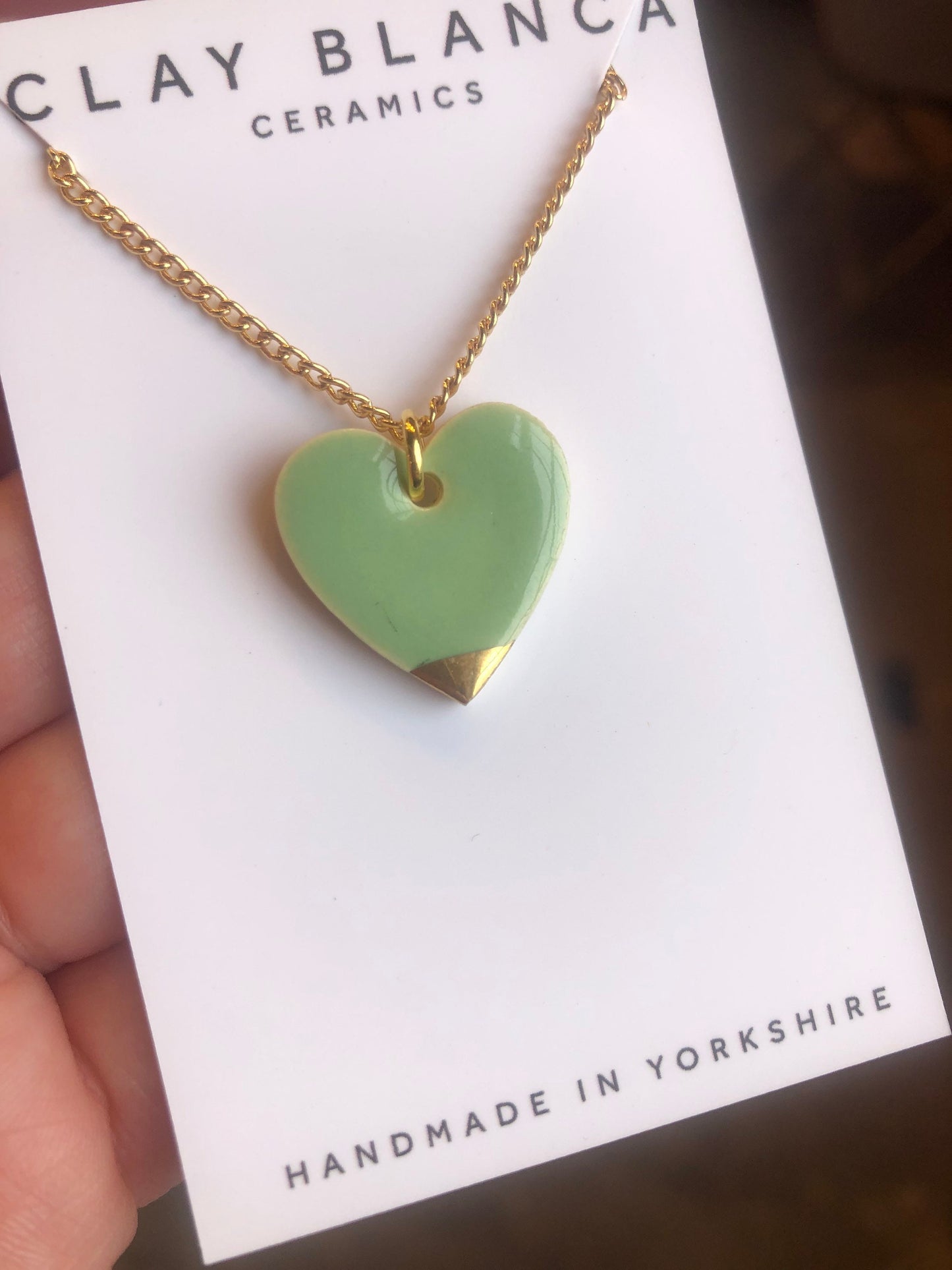 Light Green large heart necklace with gold tip