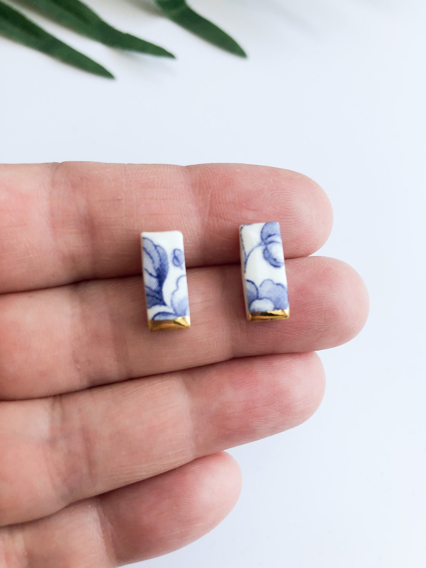 Vintage china - small blue rectangle studs with gold tips