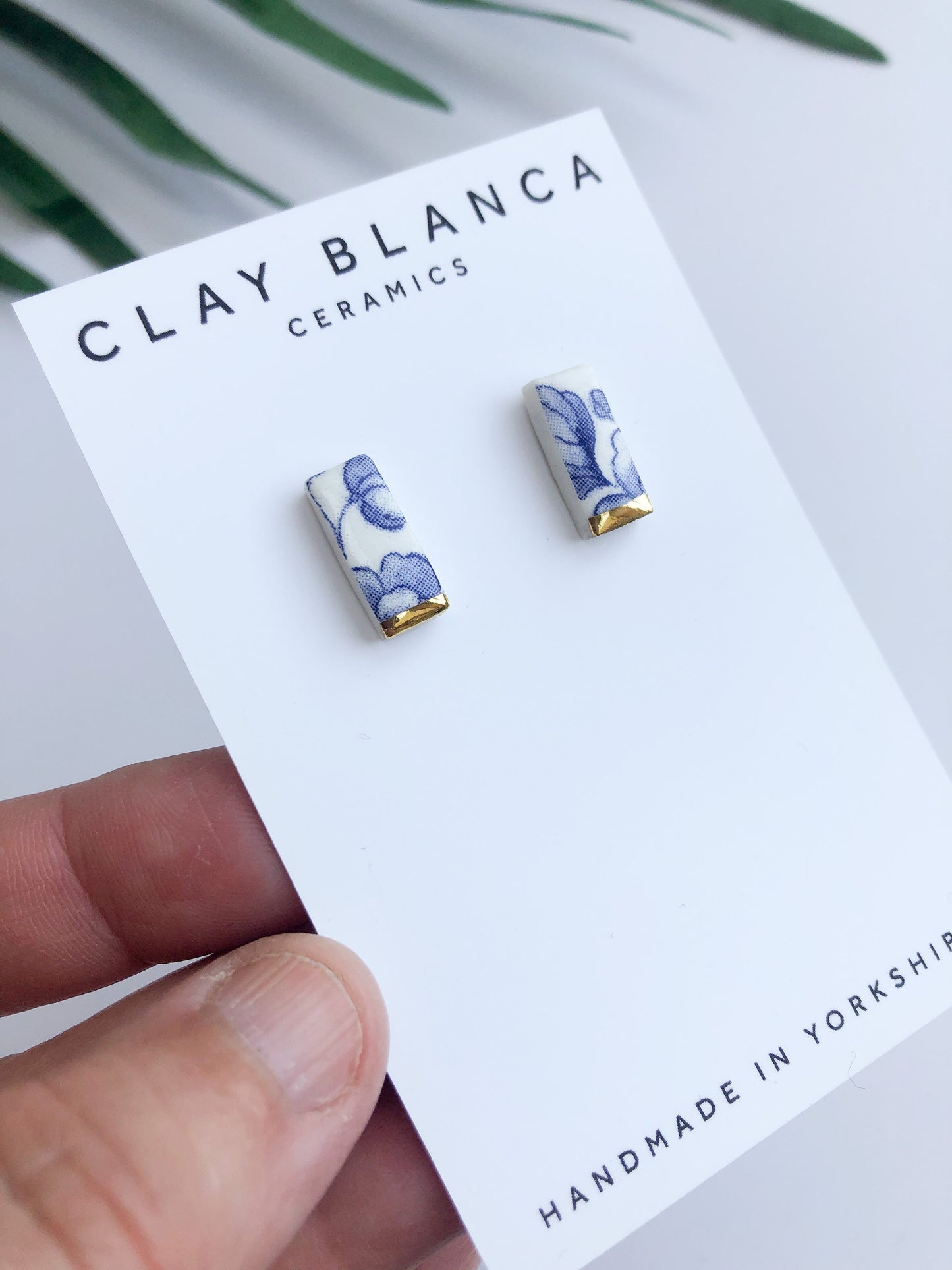 Vintage china - small blue rectangle studs with gold tips