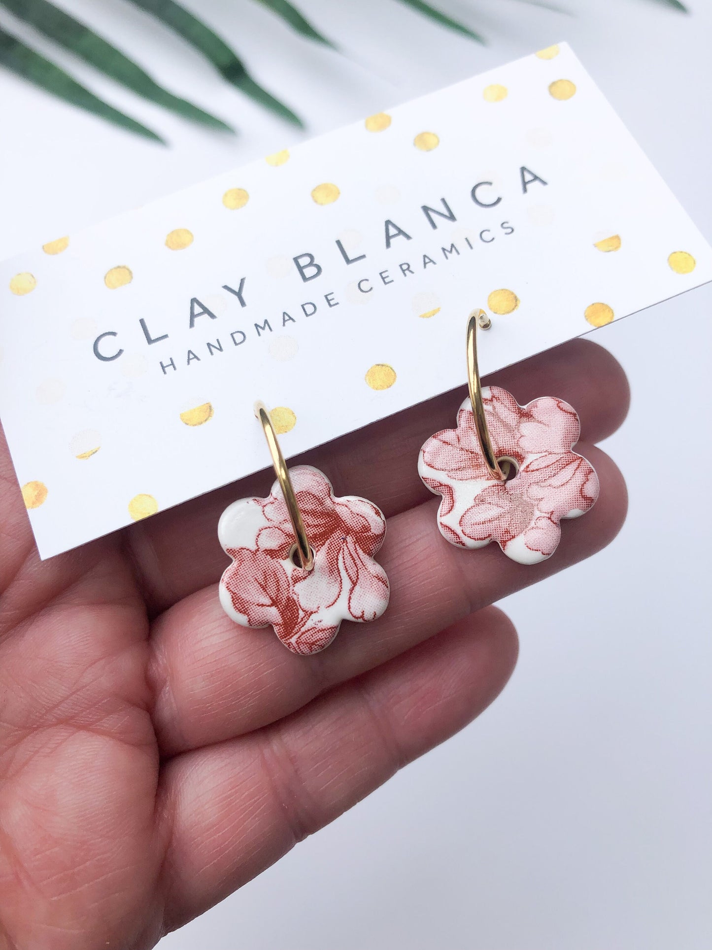 Vintage Red - flower dangles on gold hoops