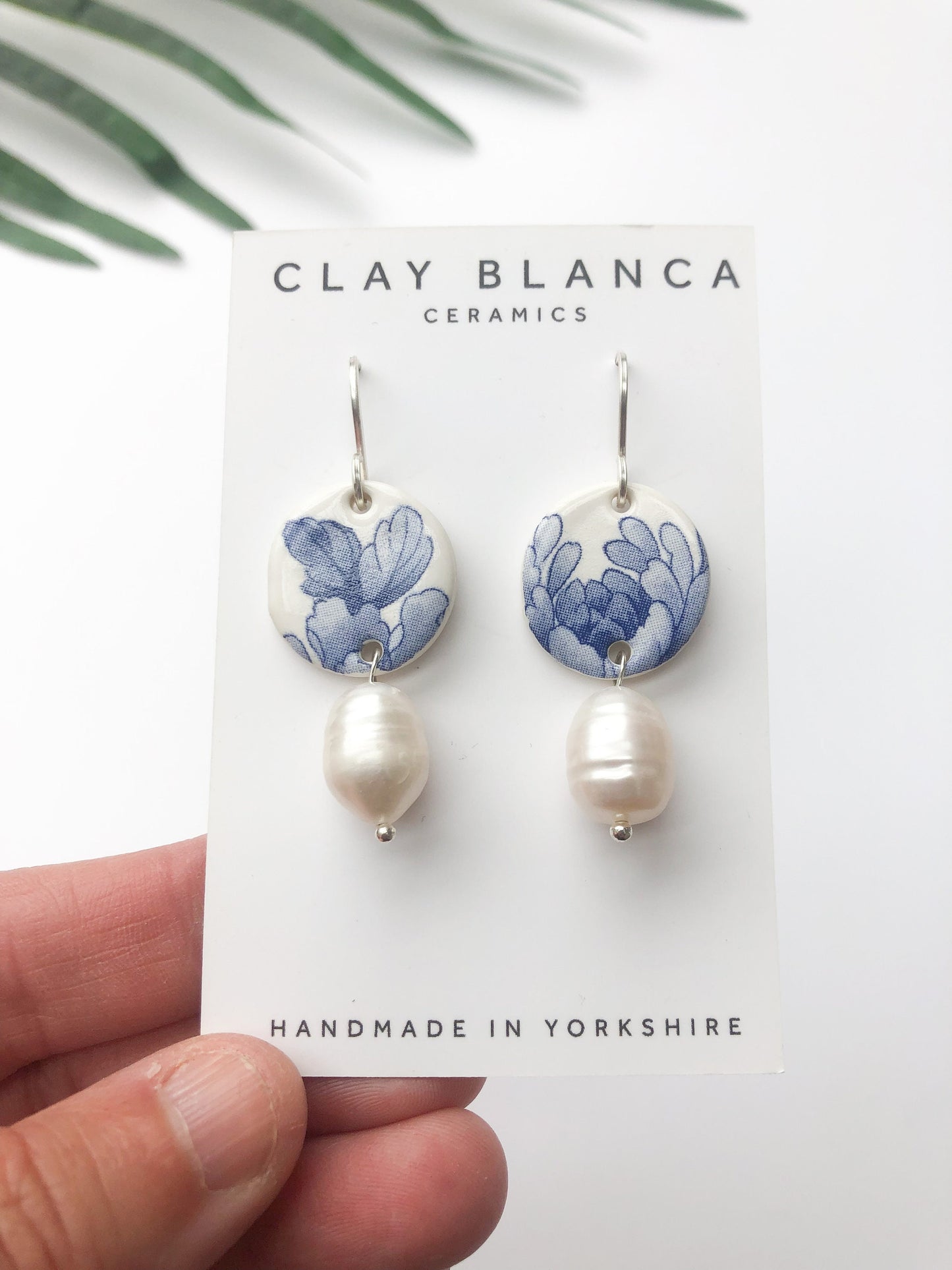 Vintage china - blue round dangles with pearl drop