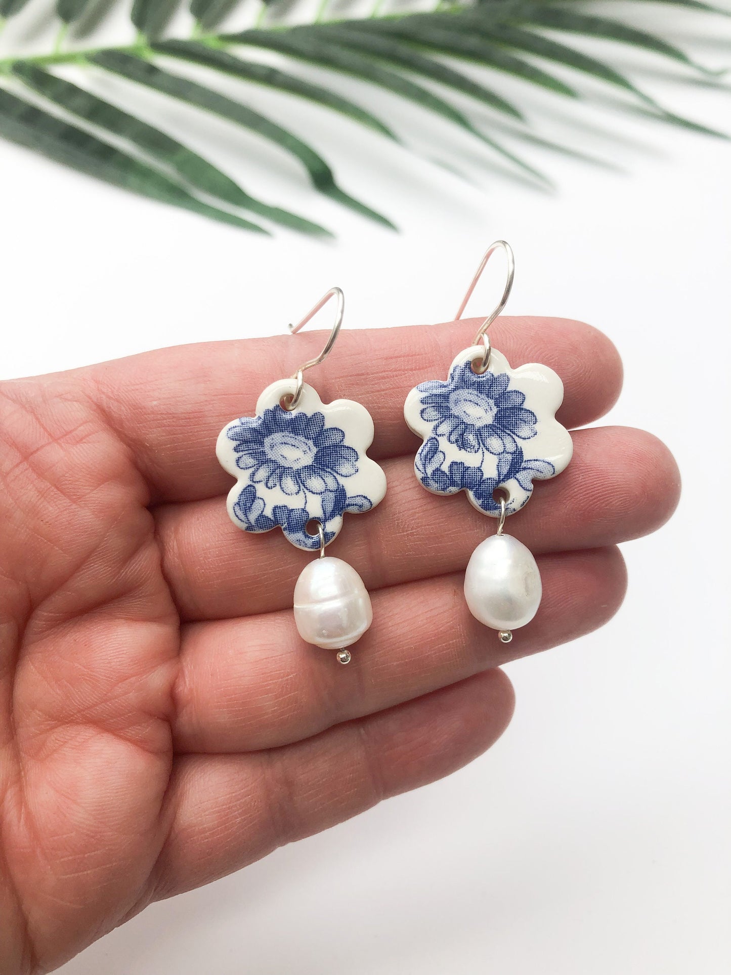 Vintage china - blue flower dangles with pearl drop