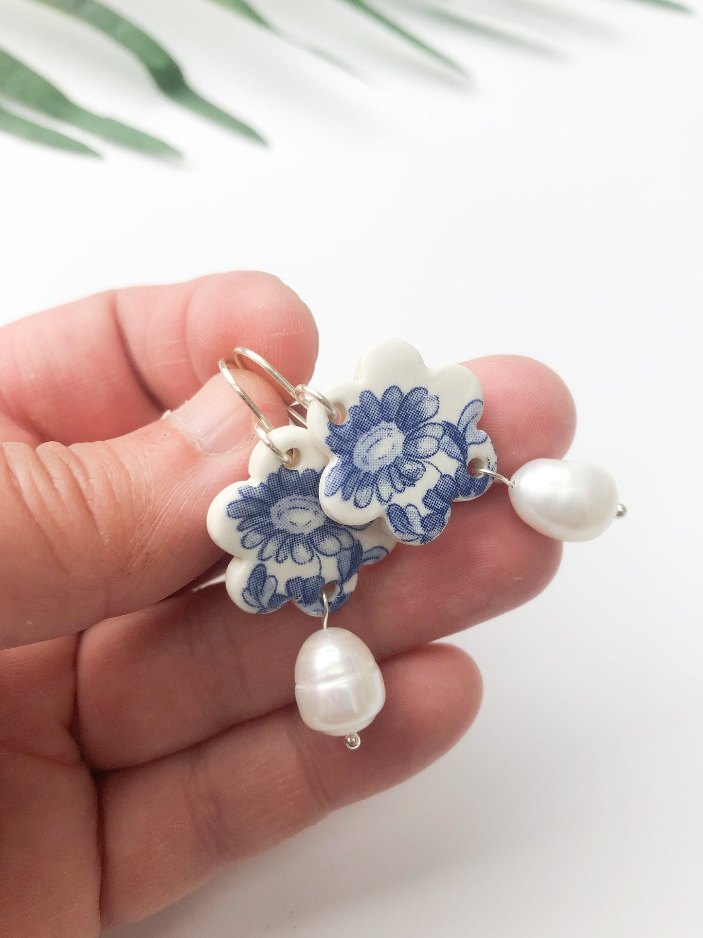 Vintage china - blue flower dangles with pearl drop