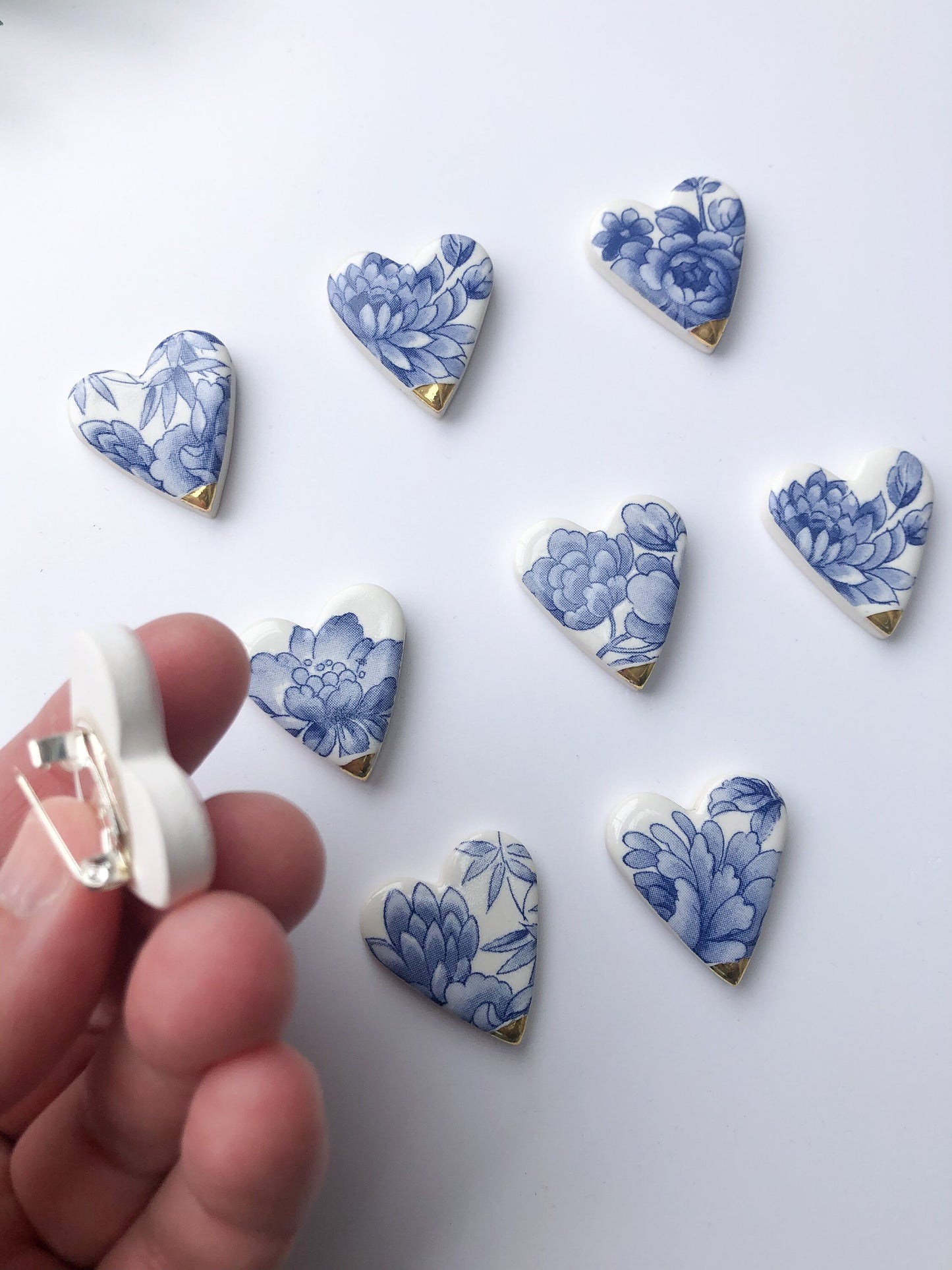 Brooch Blue China heart with gold tip