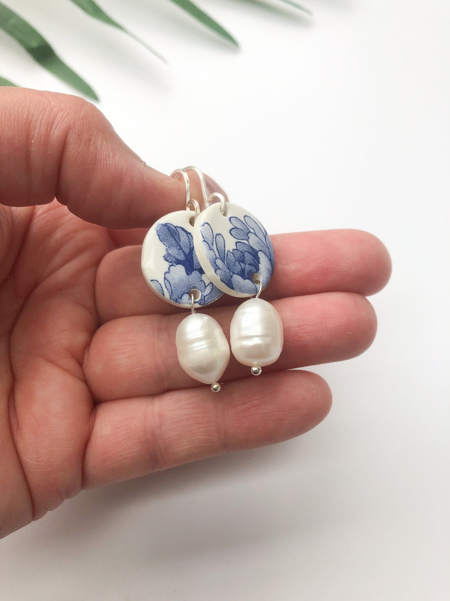 Vintage china - blue round dangles with pearl drop