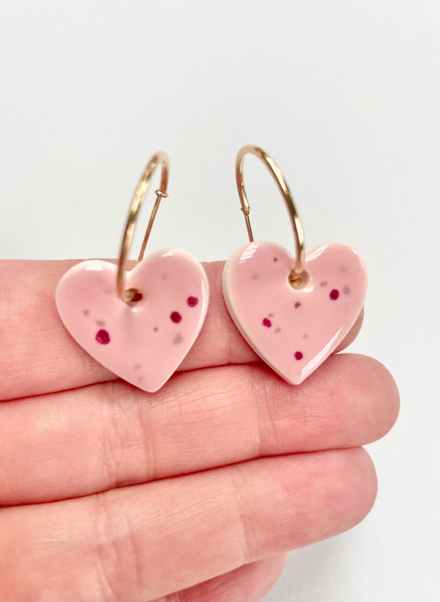 Pink Speckled large heart on large hoops