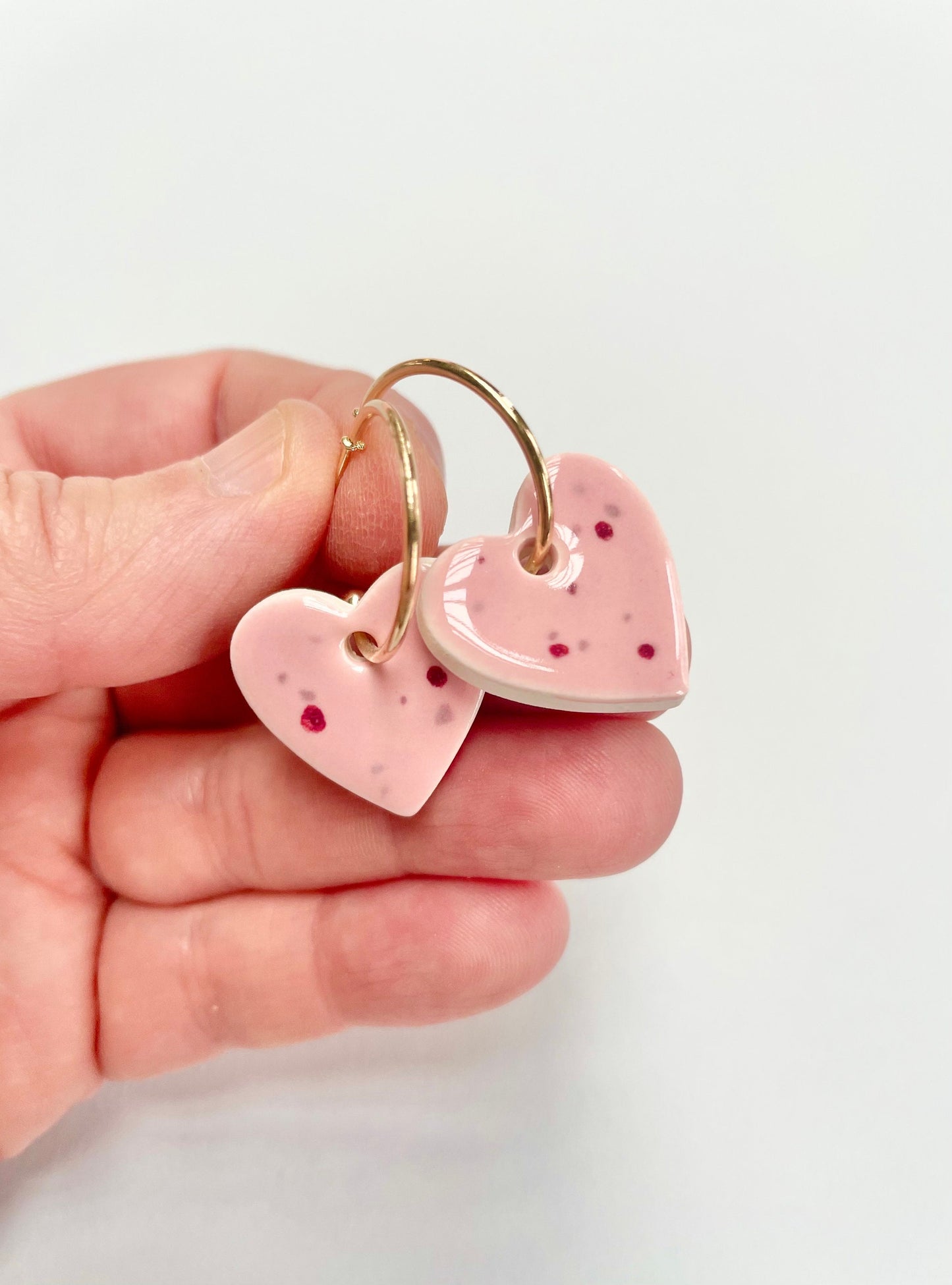 Pink Speckled large heart on large hoops