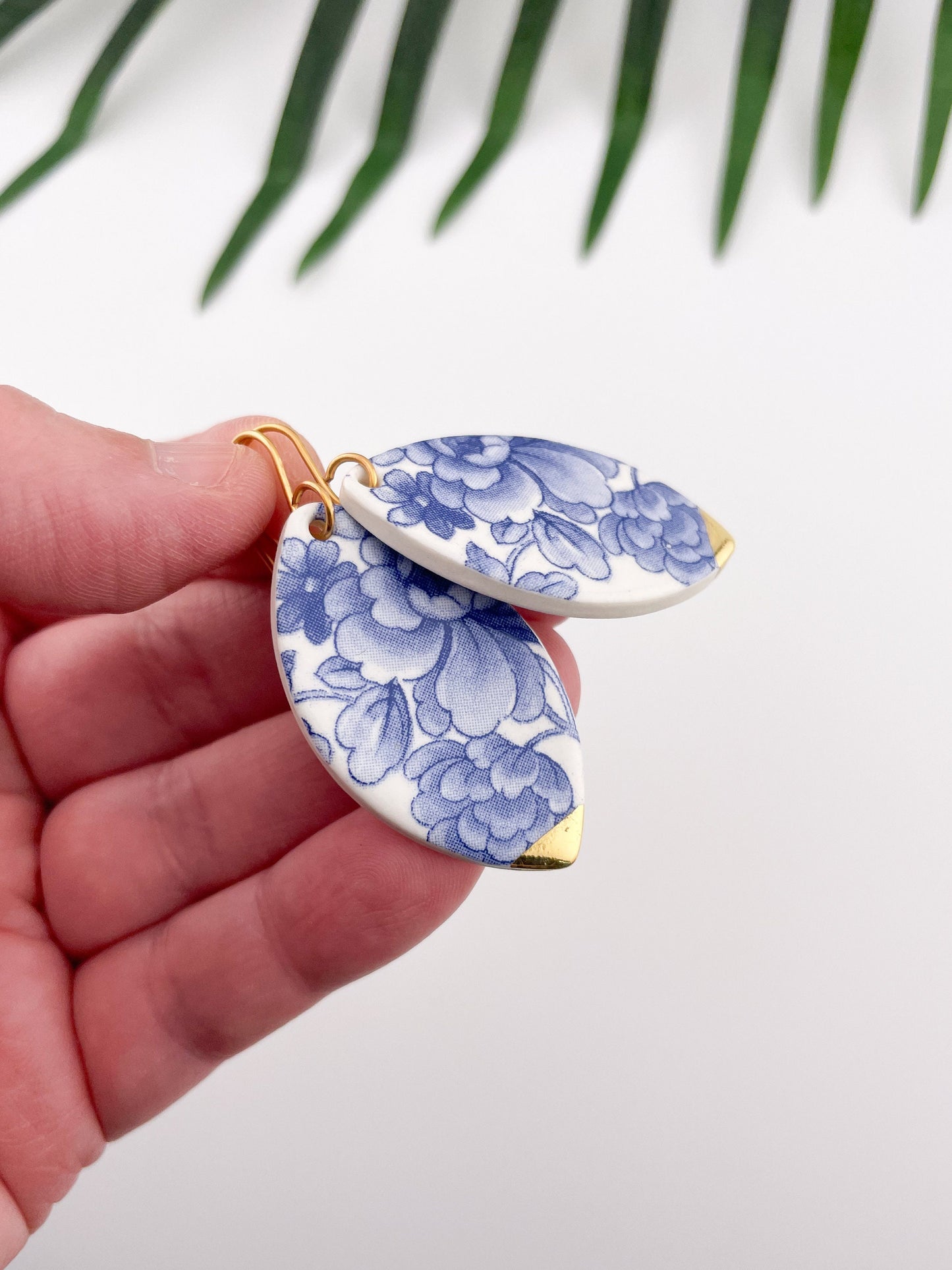 Vintage china - XLarge oval dangles with gold tip