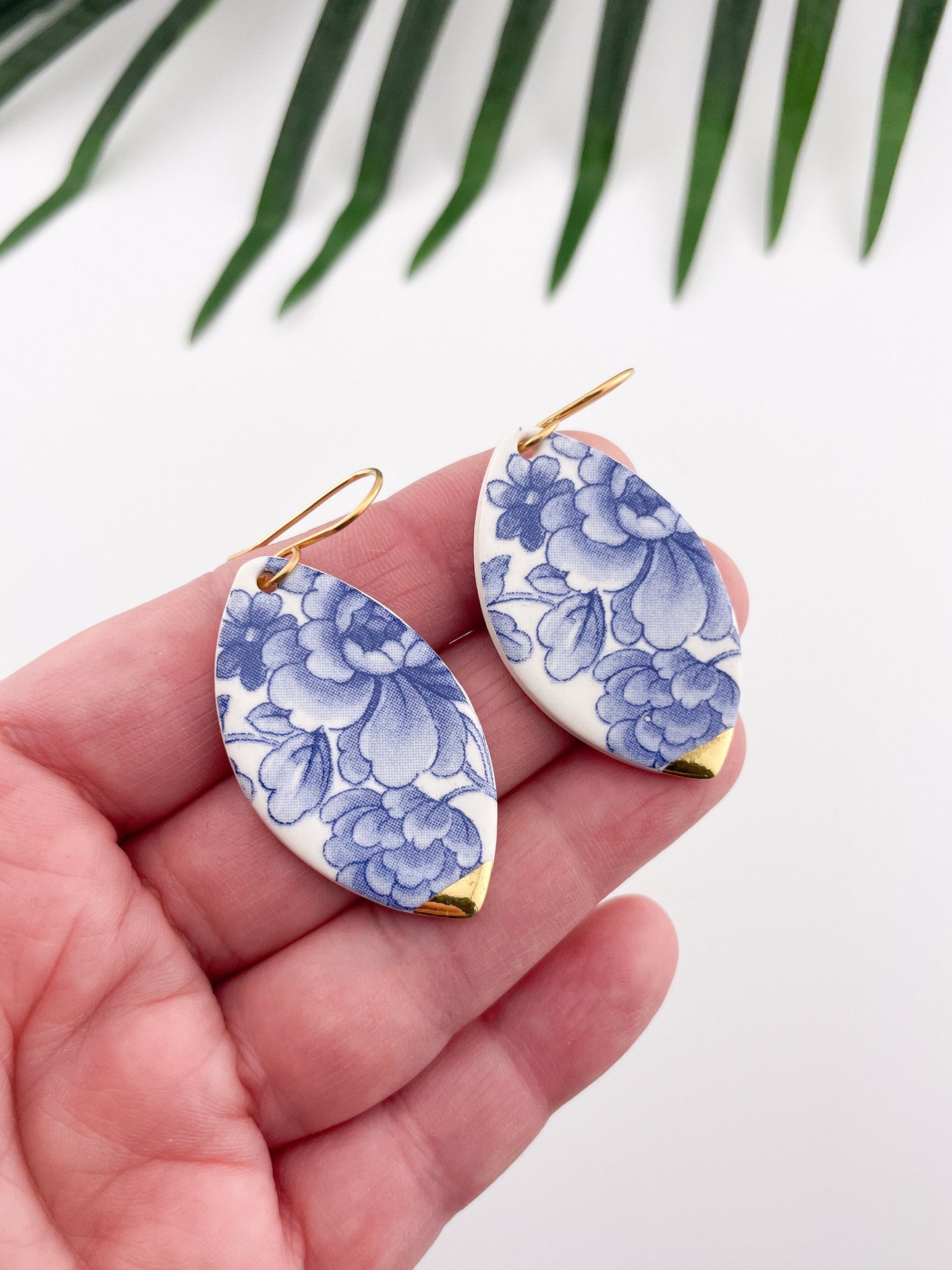 Vintage china - XLarge oval dangles with gold tip