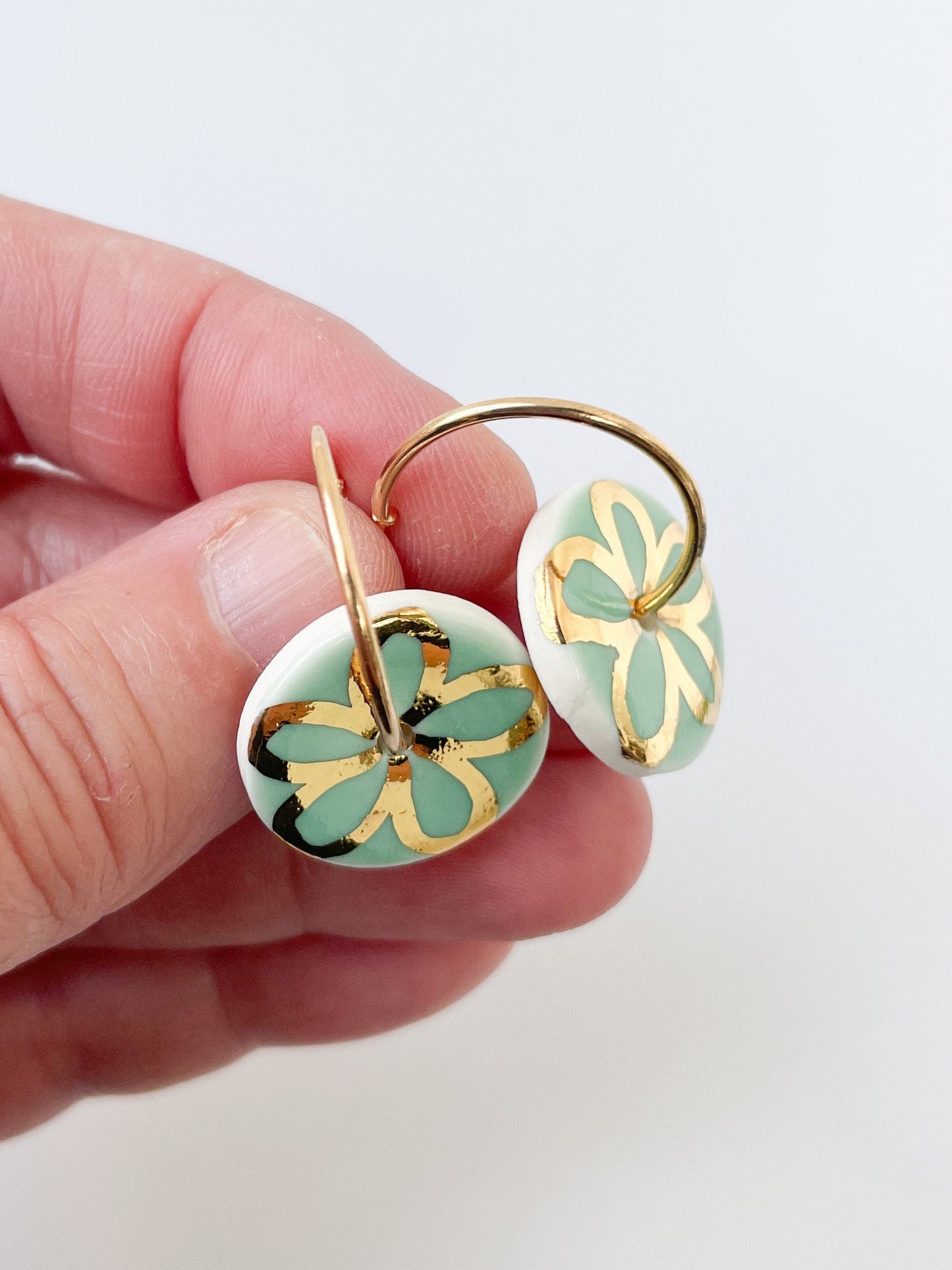 Mint Green with gold flower design on large hoops