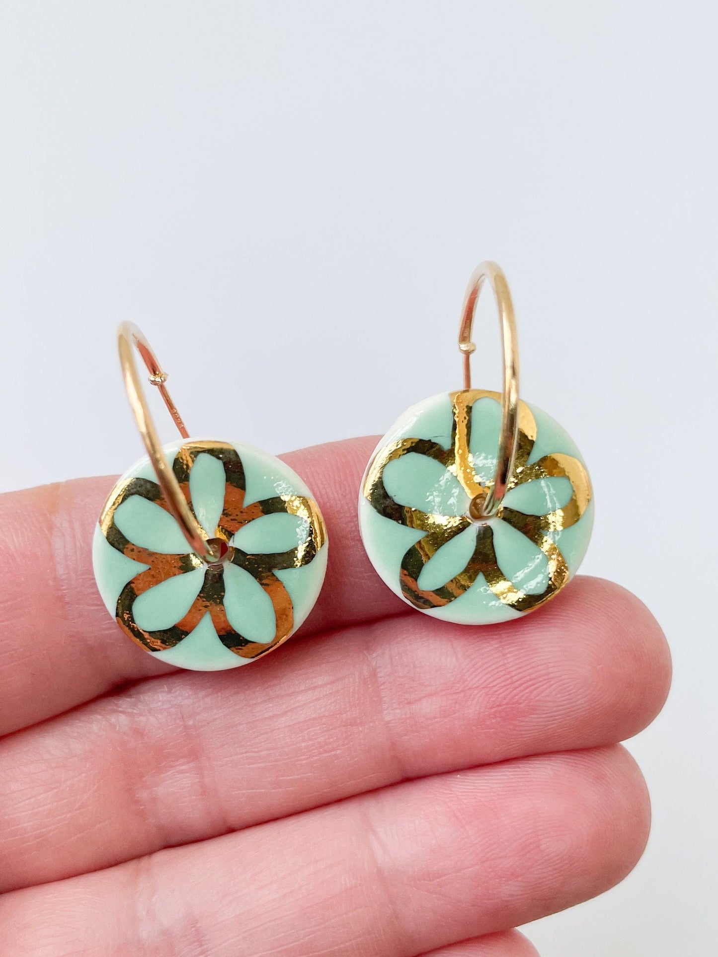 Mint Green with gold flower design on large hoops