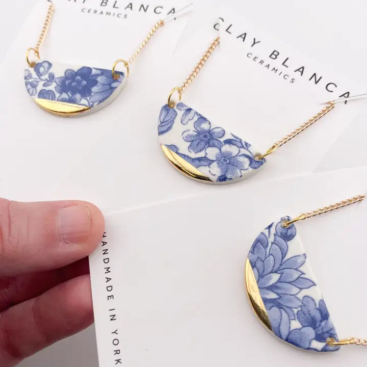 Blue China Semi Circle Pendant necklace with gold tip