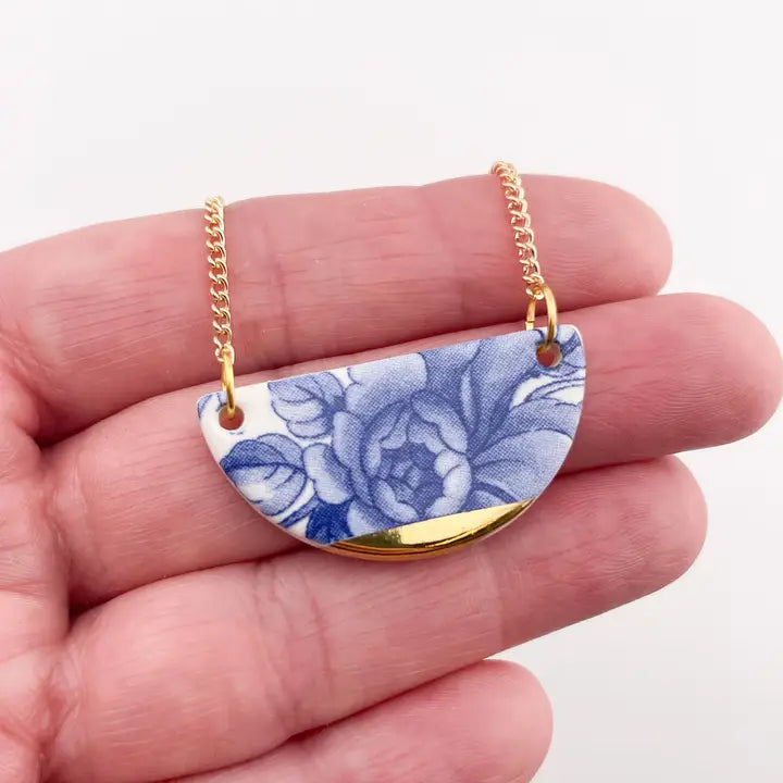 Blue China Semi Circle Pendant necklace with gold tip