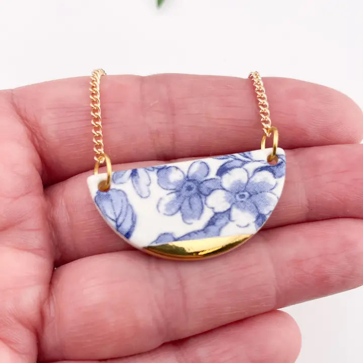 Blue China Semi Circle Pendant necklace with gold tip