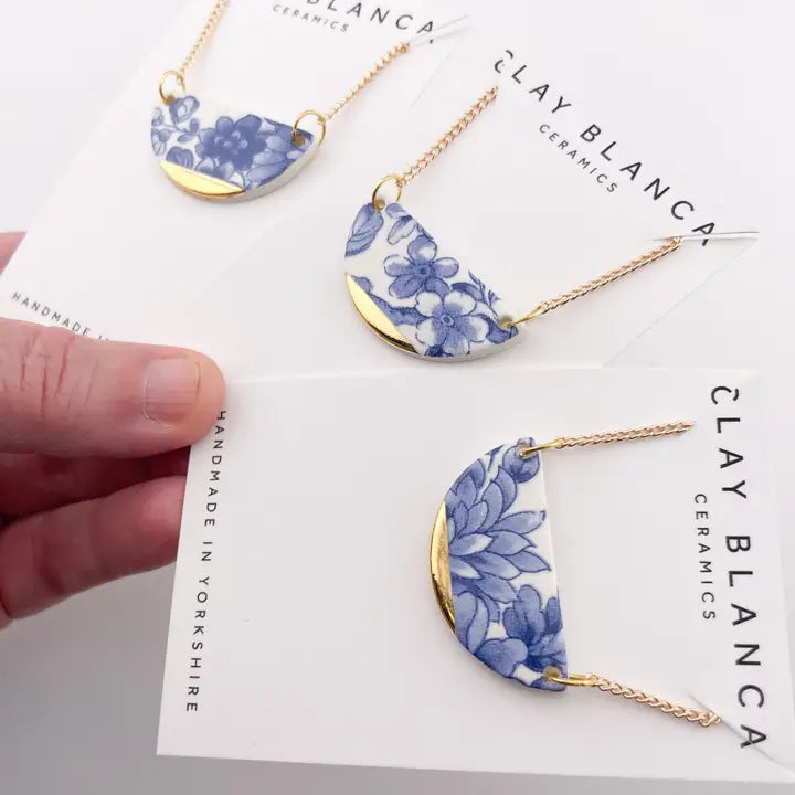 Blue China Semi Circle Pendant necklace with gold tip