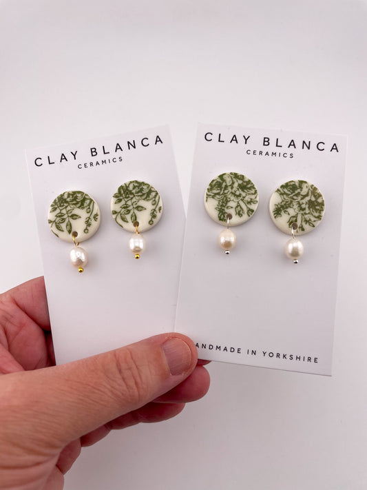 Green China large round studs with a pearl