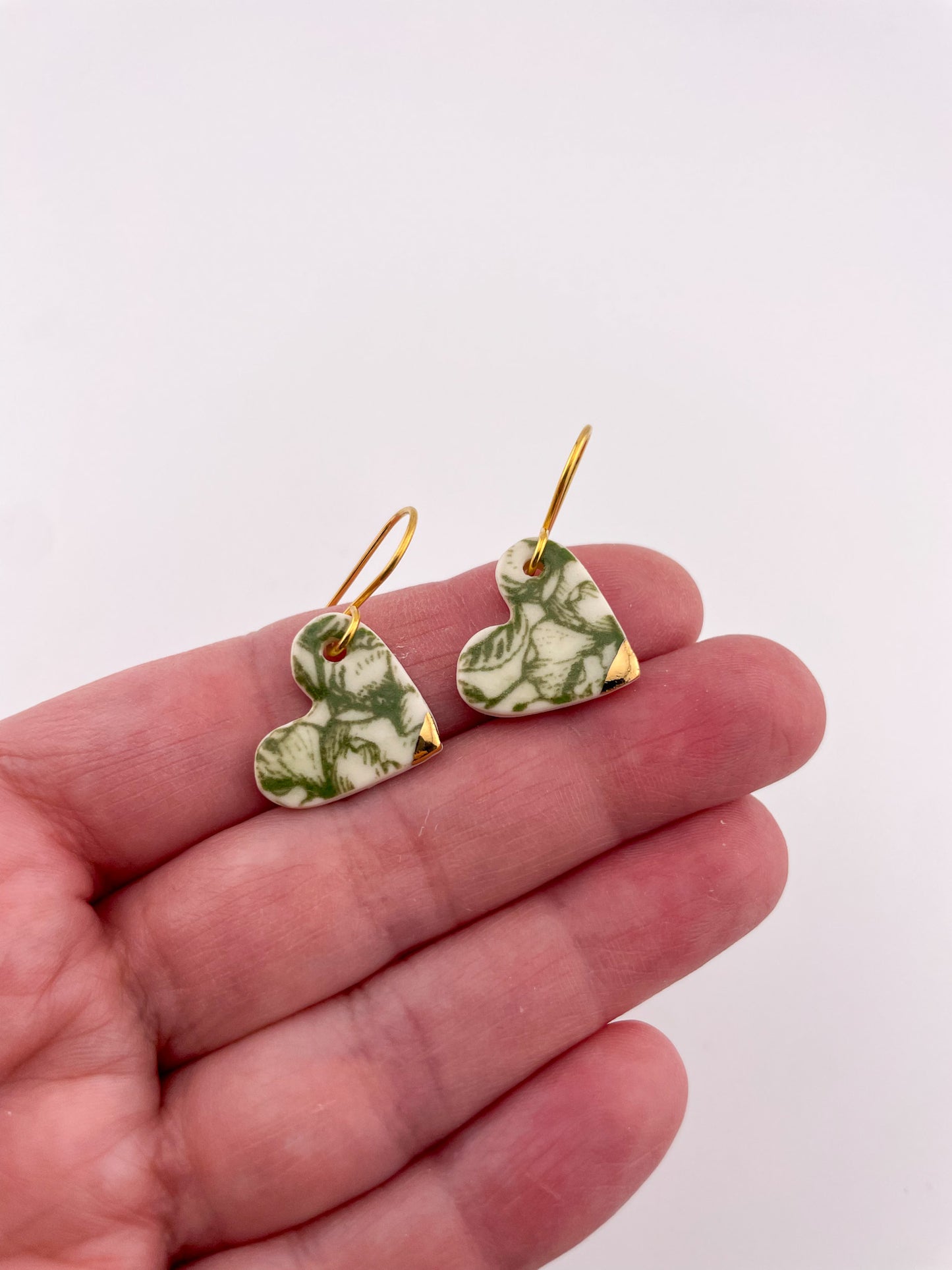 Green China heart earrings (side)