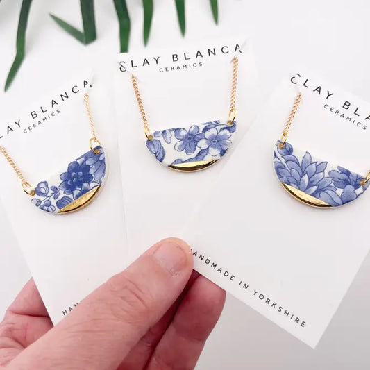 Blue China Semi Circle Pendant necklace with gold tip