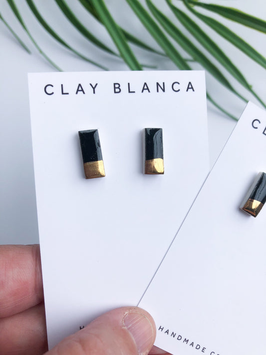 Black and gold rectangle porcelain stud earrings