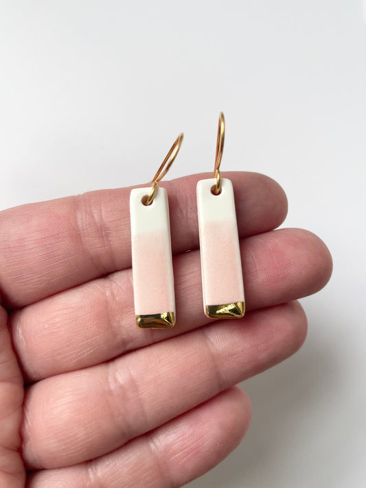 Pink and White Rectangle dangle earrings with gold tips