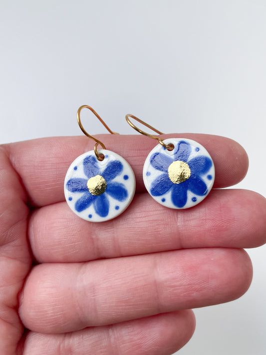 Hand painted blue flower earrings with gold lustre, delft blue inspired, blue and white flower dangle earrings