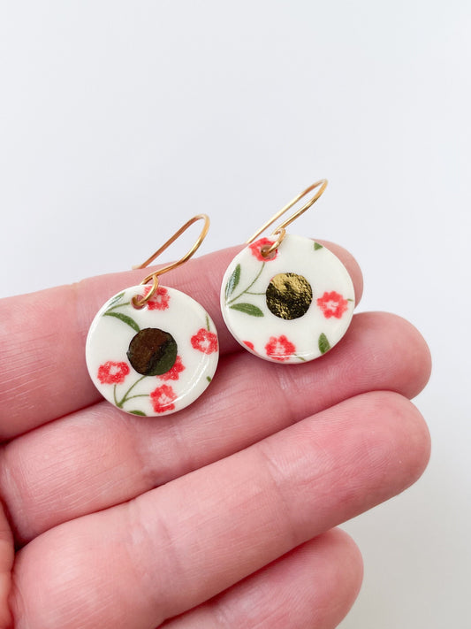 White earrings with red flower pattern with gold lustre