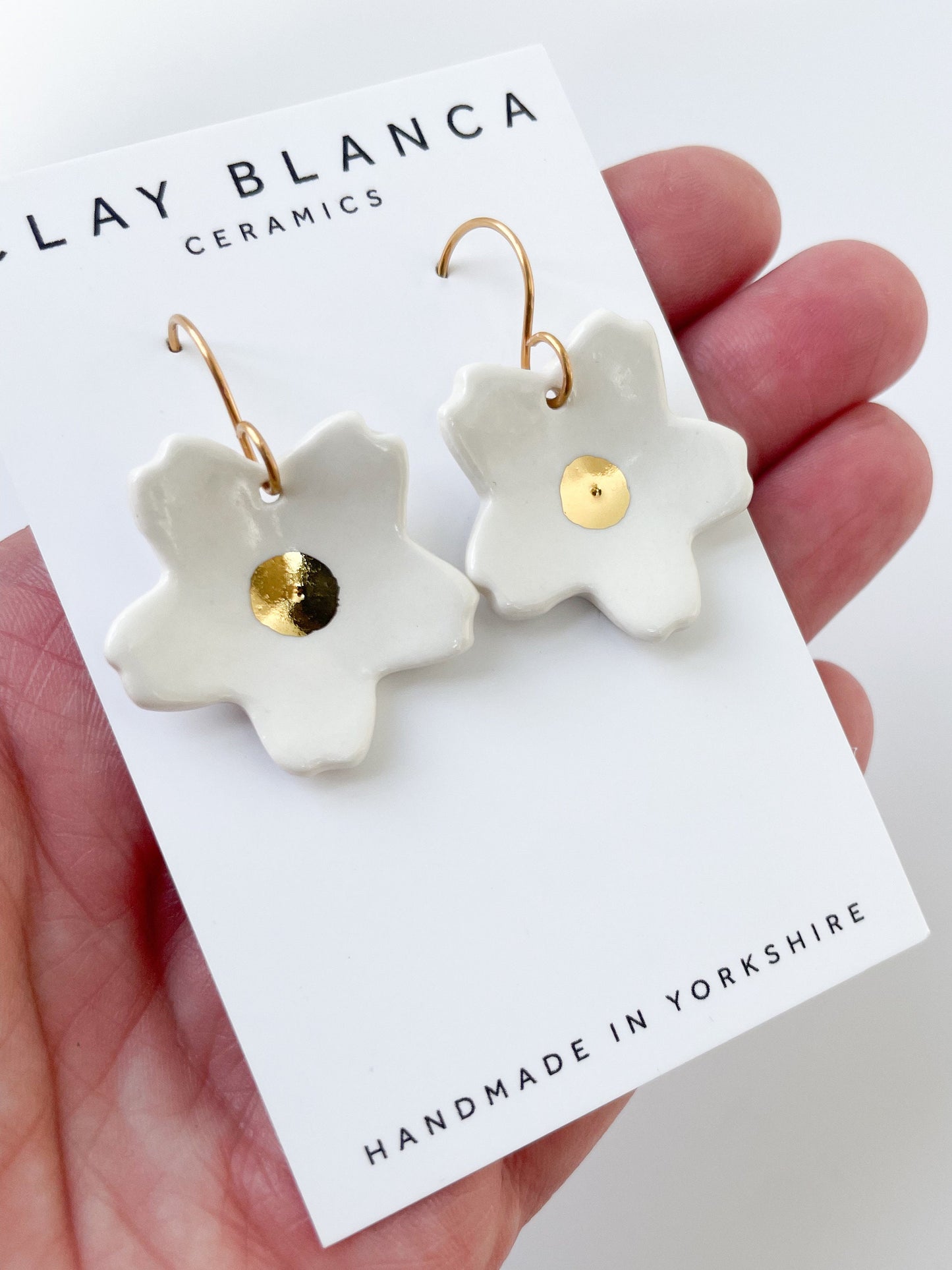 Large white flower earrings, dangle earrings with gold lustre