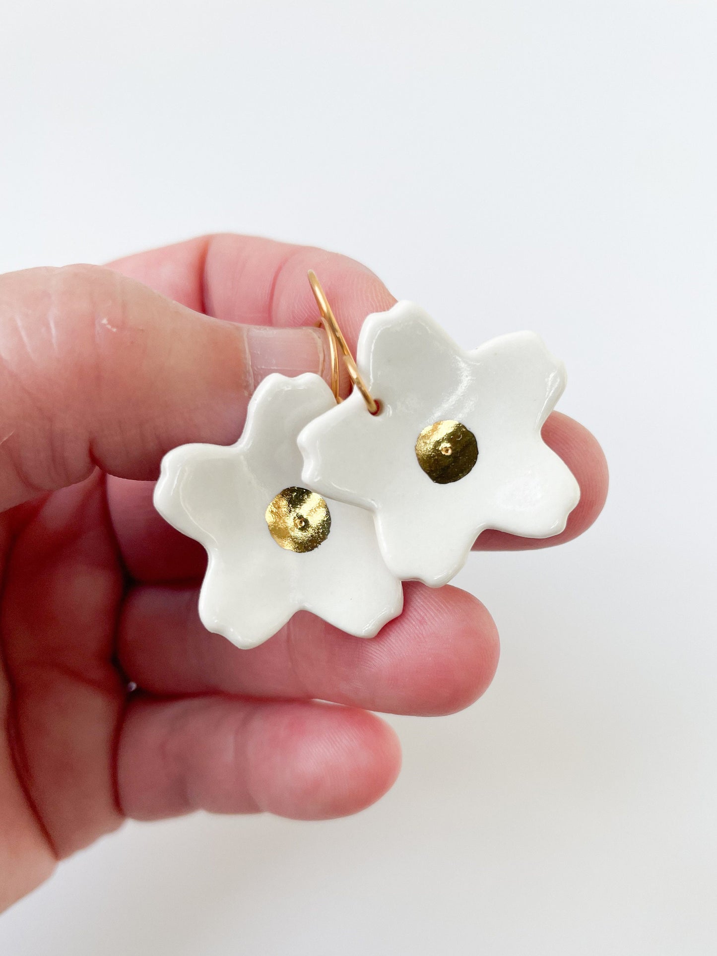 Large white flower earrings, dangle earrings with gold lustre