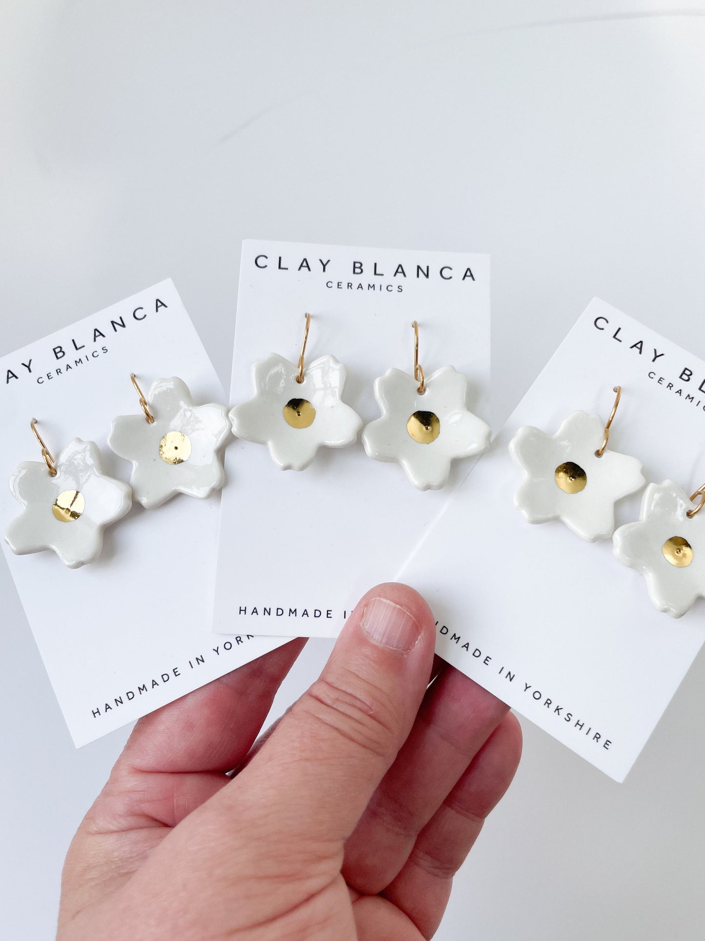 Large white flower earrings, dangle earrings with gold lustre