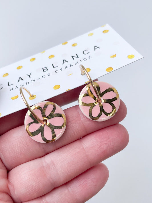 Round Pink earring with hand painted gold flower, porcelain earrings on large gold plated hoops