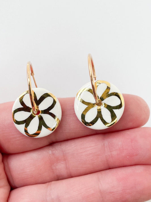 White round earring with hand painted gold flower hoops