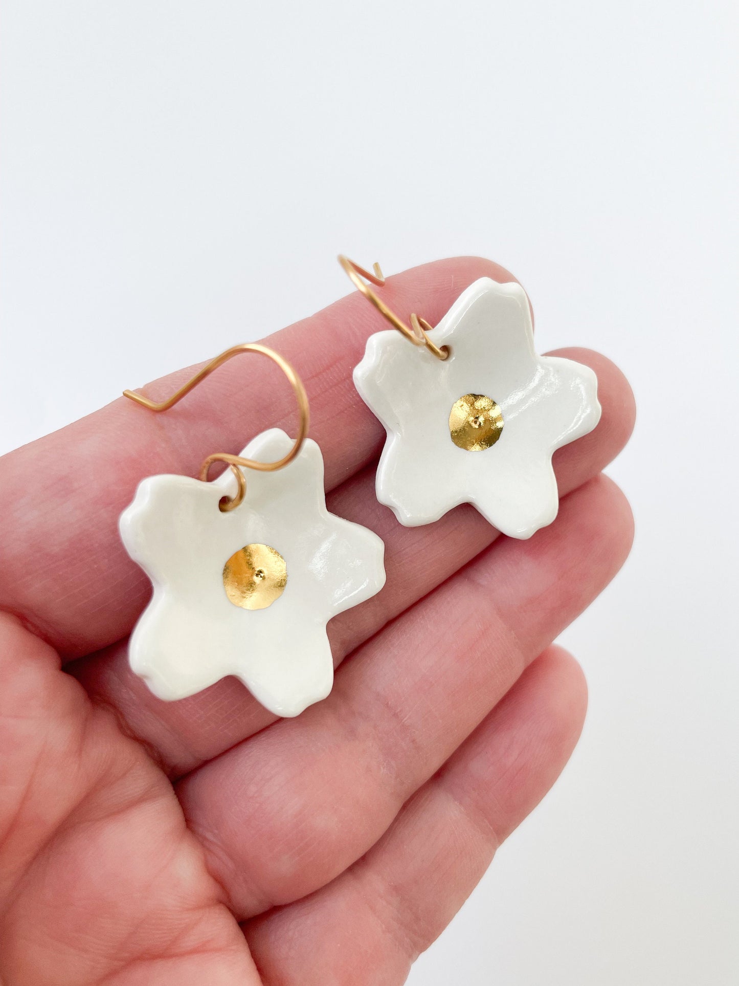 Large white flower earrings, dangle earrings with gold lustre