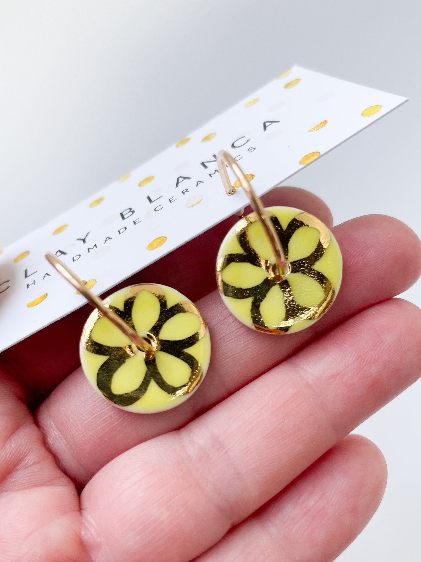 Lemon Yellow round earring with hand painted gold flower, porcelain earrings on large gold plated hoops