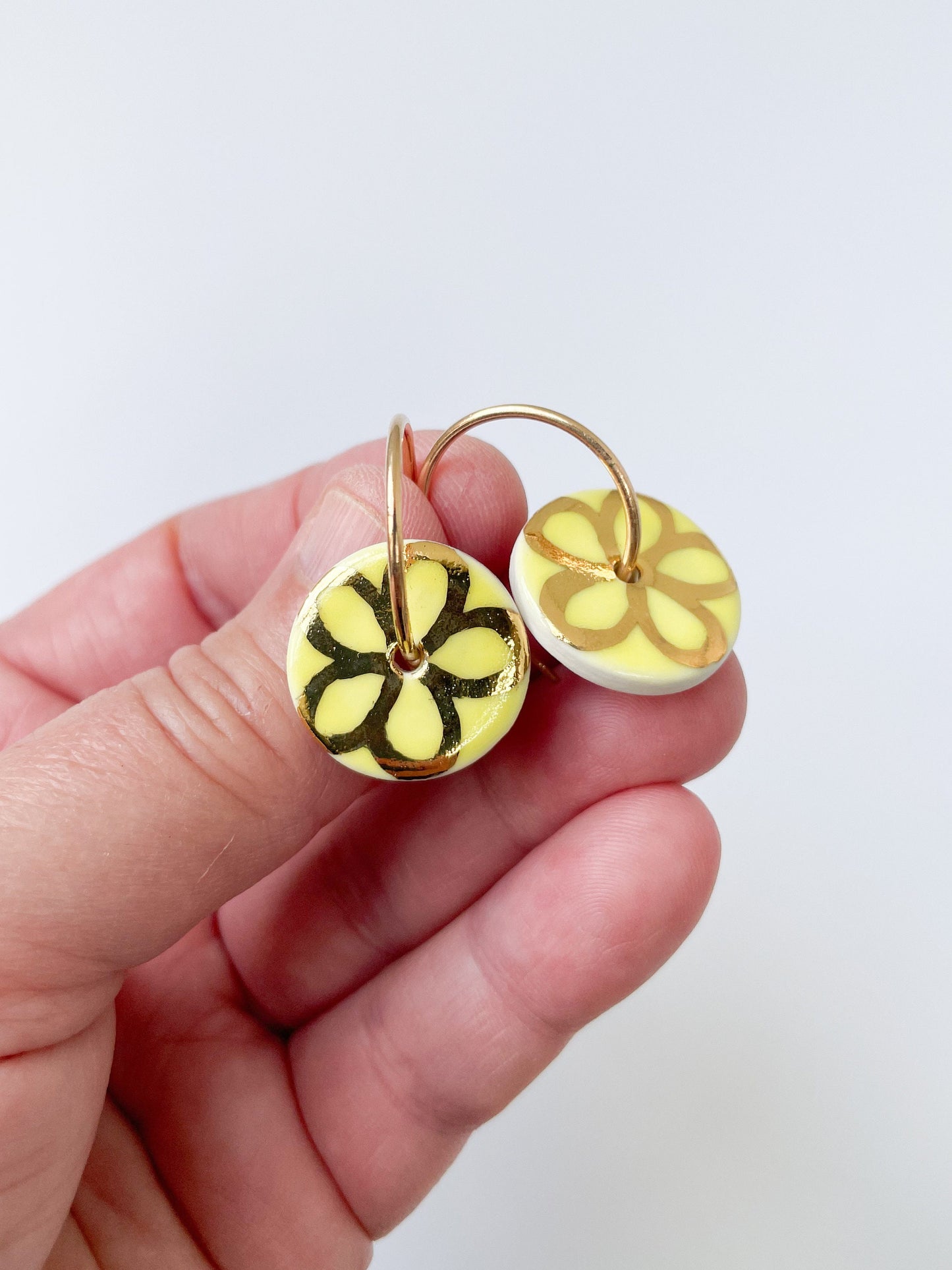 Lemon Yellow round earring with hand painted gold flower, porcelain earrings on large gold plated hoops